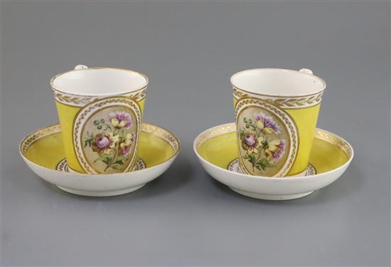 A pair of Derby Pinxton/Mansfield porcelain chocolate cups and saucers, c.1790-1800, cup 8.7cm high, saucer 14.2cm diameter